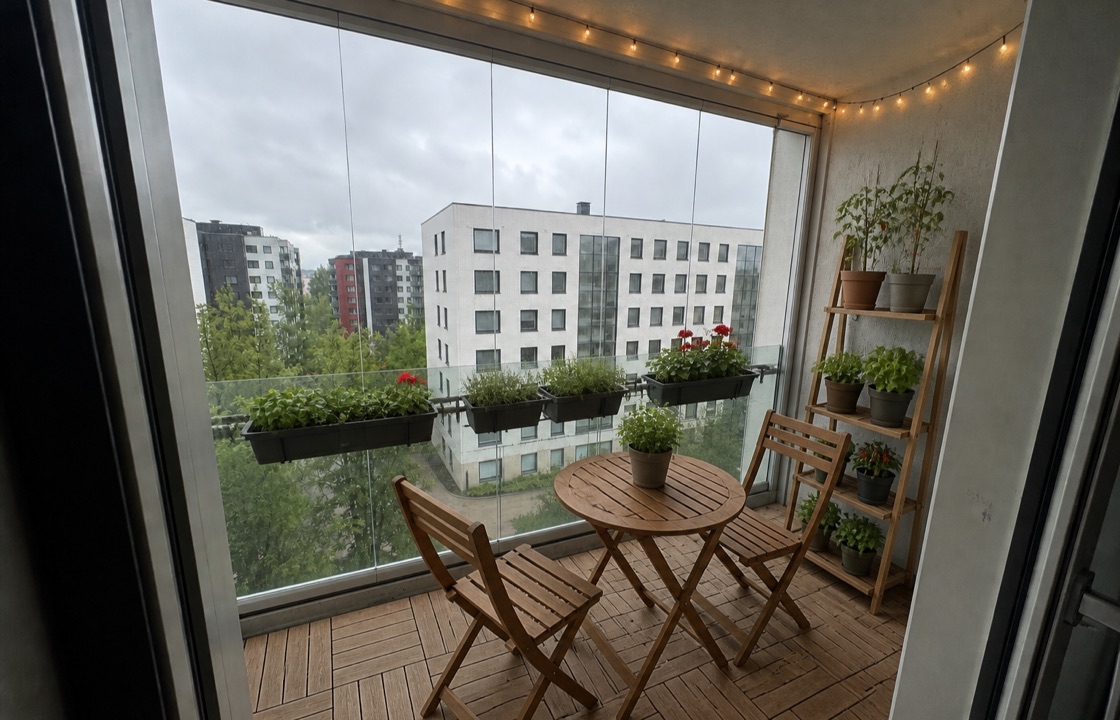 The same glazed balcony as a garden idea: herb planters on the inside of the glazing, a ladder plant shelf, bistro table and chairs, and wooden deck tiles