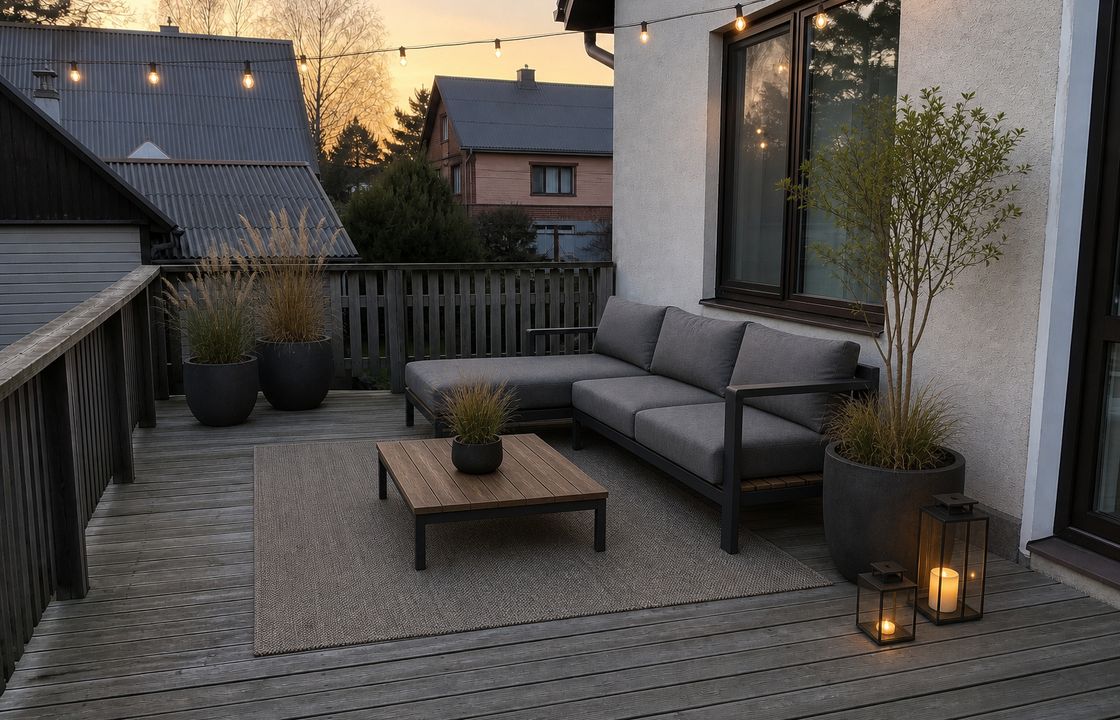 Sama terrass minimalistliku istumisala, taimede ja valgustusega