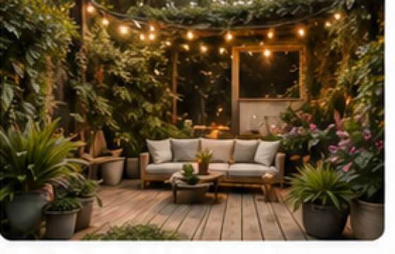 Hubane terrass puidu, istumiskoha ja sooja õhtuvalgusega