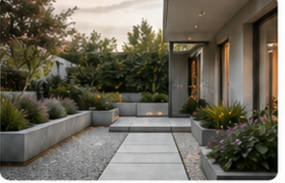 Moodne minimalistlik terrass puhaste pindade ja struktureeritud taimestusega