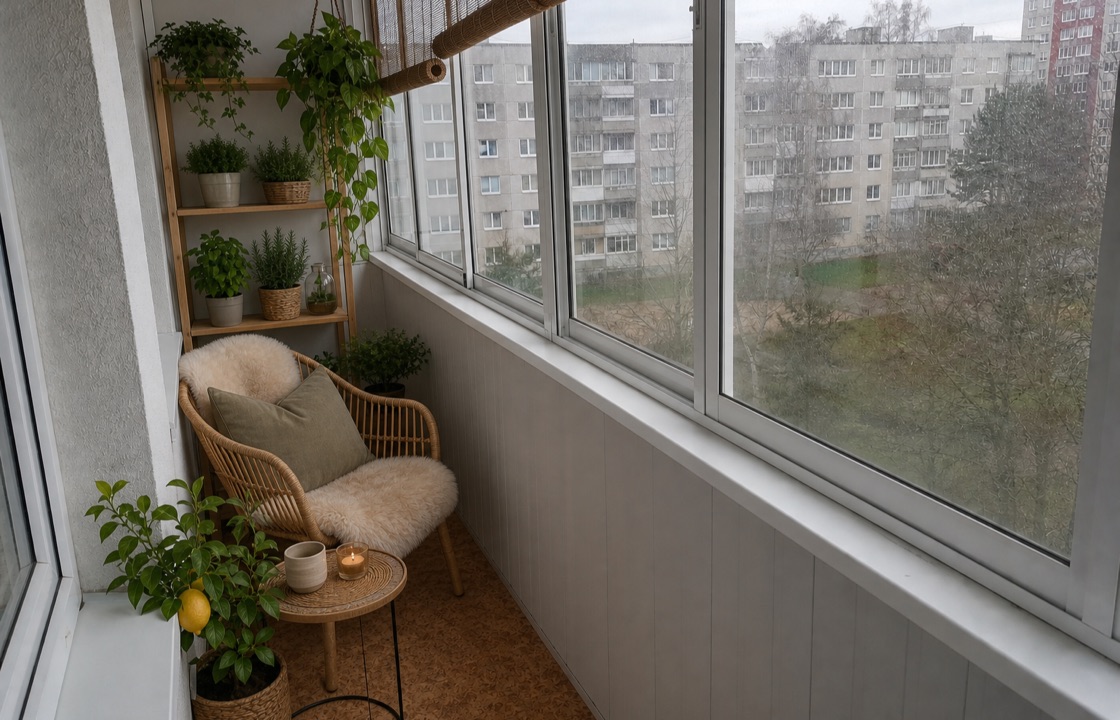 Lasitettu kerrostaloparveke sisustettuna: puulaatat, kapea penkki, tyynyt, kasveja ja valoketju