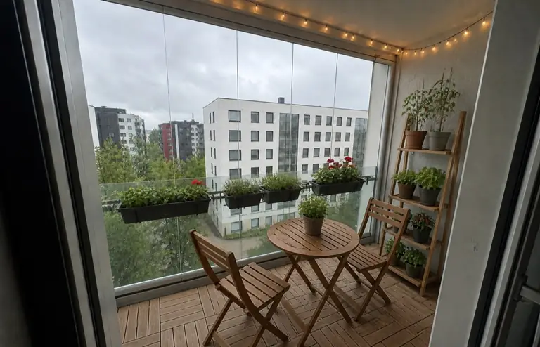 Glazed apartment balcony turned into a small garden: railing planters with herbs inside the glass, a ladder plant shelf, bistro chairs and deck tiles