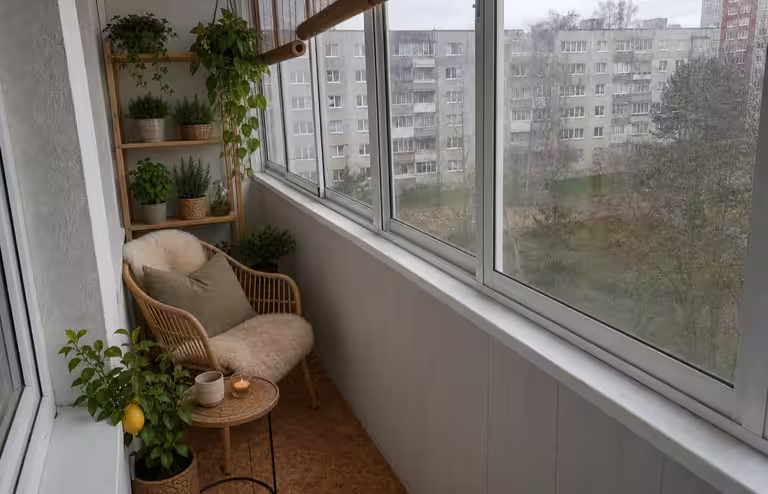 Lasitettu kerrostaloparveke sisustettuna: puulaatat, kapea penkki, tyynyt, kasveja ja valoketju