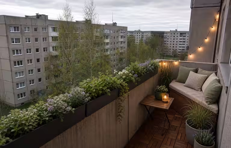 Paneelmaja rõdu pärast kujundust: puitplaadid, pink patjadega, taimekastid ja valguskett