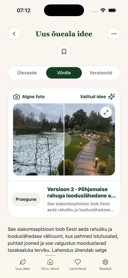 HaljasVaate rakenduses avatud aiaidee koos algse foto ja loodud suunaga