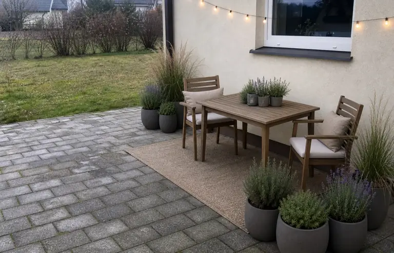 Sama terrass konteinerhaljastuse ja hubase istumisalaga