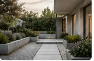 Moodne minimalistlik terrass puhaste pindade ja struktureeritud taimestusega
