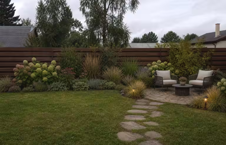 AI-generated backyard design with seating, planting, pathway, and lighting