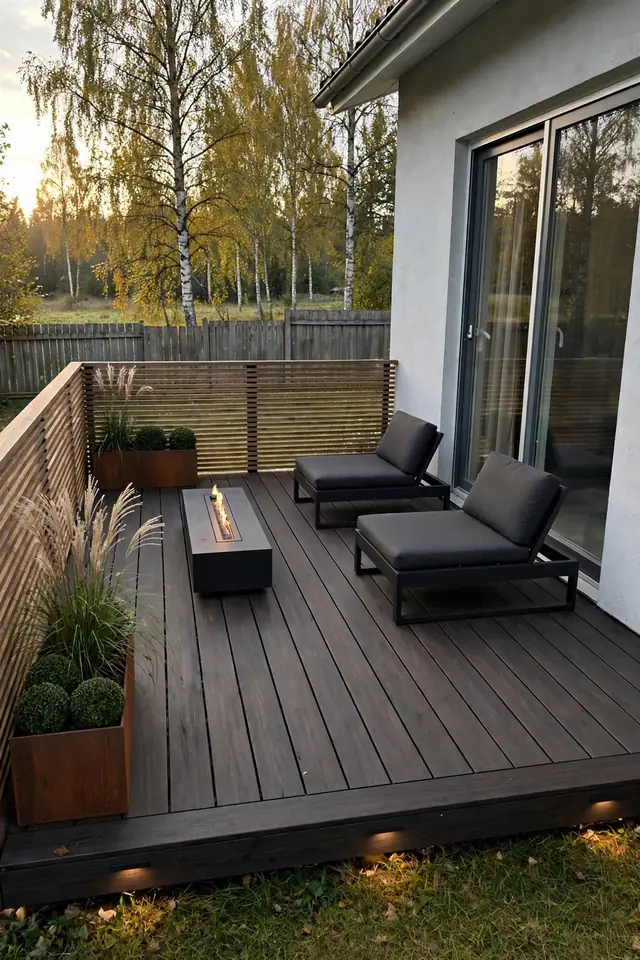 Sama terrass moodsas minimalistlikus stiilis: puhtad pinnad ja korrastatud istutused